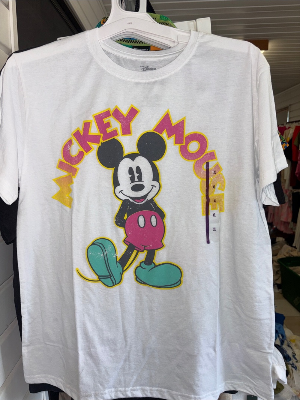 5/$10 Disney White Tee with Pink, Teal & Yellow Mickey Graphic